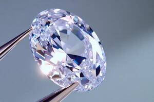 Oval diamond held by tweezers highlights exquisite craftsmanship against a gradient gray background photo