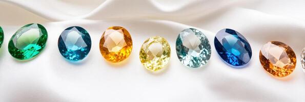 Vibrant gemstone collection showcasing oval-cut diamonds, emeralds, and sapphires arranged in gradient on silk fabric photo