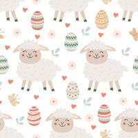 Seamless pattern with Easter eggs, flowers and little funny lambs on white background. Illustration in hand drawn flat style, pastel colors for wrapping paper, festive textile vector