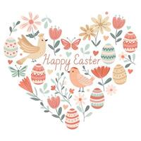 Happy Easter heart shaped greeting card with colorful eggs, bird and flowers. Illustration and lettering in hand drawn flat style, pastel colors. vector