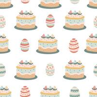 Seamless pattern with decorative Easter eggs and cakes on white background. Illustration in hand drawn flat style, pastel colors for wrapping paper, festive textile vector