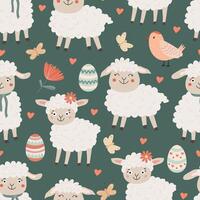 Seamless pattern with Easter eggs, birds, flowers and little funny lambs on green background. Illustration in hand drawn flat style, pastel colors for wrapping paper, festive textile vector