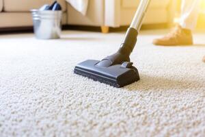 Cleaning professional vacuuming a carpet in a bright living room with modern interior design and cleaning tools in the background photo