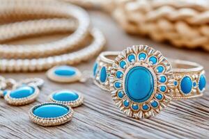 Traditional Native American jewelry featuring turquoise stones displayed on rustic wooden surface with soft natural lighting photo