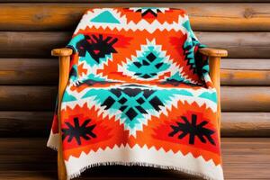Traditional Native American blanket with vibrant geometric patterns draped over a wooden chair in a rustic setting photo