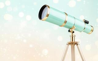Elegant sage green telescope with golden accents positioned on a tripod against a dreamy pastel background featuring soft bokeh photo