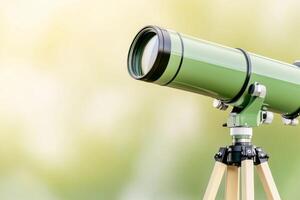 Exploring the night sky with a sage green telescope on a beige stand under a subtle star-filled cream sky photo