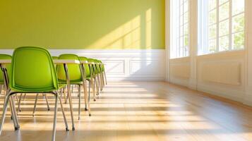 Bright and inviting classroom setting with sage green chairs and cream desks in natural light photo