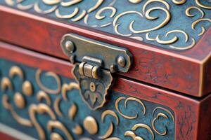 Intricately designed dark red metallic chest with olive accents and muted bronze details, showcasing unique craftsmanship and decorative elements photo
