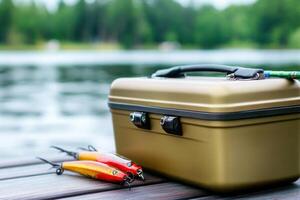 Fishing gear arranged on a wooden dock by a serene lake surrounded by lush greenery, showcasing a tackle box and bright lures at midday photo