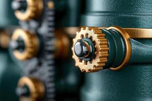 Detailed view of a vintage engine showcasing unique gear design and vibrant paint highlights in a classic style photo