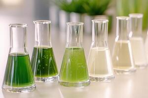 Laboratory glassware displays a variety of sage green and cream solutions arranged on a beige counter in a scientific setting photo