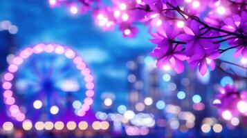 Vibrant carnival lights illuminate a joyful atmosphere at dusk with colorful tents and a striking ferris wheel in the background photo