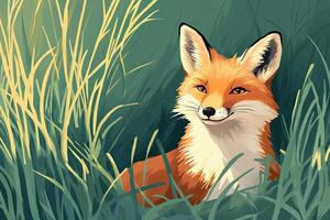 Fox resting peacefully in a sage green meadow surrounded by tall grass at golden hour photo