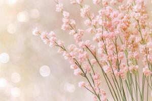 Close-up view of delicate wildflowers in soft pink hues against a blurred background filled with gentle bokeh lights photo