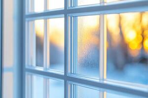 Frosted window patterns with soft light illuminating a pale blue background and hints of warm sunlight at dusk photo