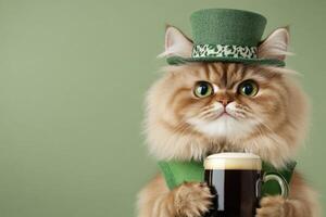 Fluffy Persian cat in a green vest and top hat enjoys dark beer against a minimalist green backdrop photo