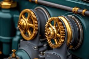 Vintage engine featuring dark gray gears and sage green paint with bordovy pipes, showcasing intricate design elements commonly used in classic mechanical equipment photo