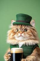 Fluffy Persian cat dressed in a green vest and top hat enjoying dark beer against a studio-lit green backdrop photo