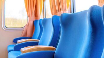 Train car interior featuring deep blue seats, dusty pink curtains, and brown tables in a comfortable and inviting setting photo