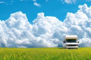 Vintage camper van parked in a tranquil meadow under a clear sky with fluffy clouds photo