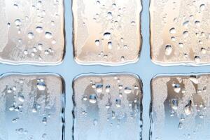 Frosted window patterns create an enchanting view with a pale sky-blue and soft white-gray hue illuminated by gentle light photo