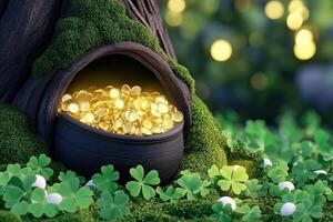 Mysterious leprechaun hideout in a hollow tree surrounded by lush moss and vibrant shamrocks with a glowing pot of gold photo