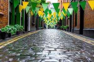 Cobblestone street adorned with green and gold bunting as crowds celebrate St Patricks Day in an Irish pub district photo