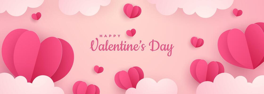 Happy Valentine's day paper cut. Glittering hearts and cloud with place for text