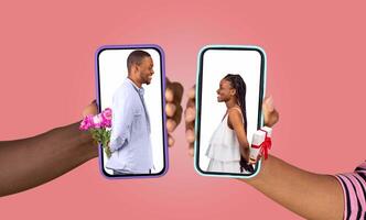 A couple enjoys a heartfelt conversation through their smartphones, each holding their device while smiling. Bright colors and flowers create a cheerful atmosphere, emphasizing their connection. photo