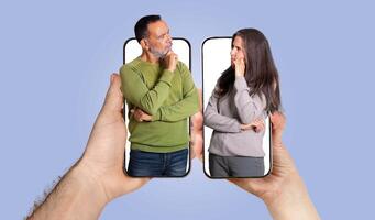 A couple engages in thoughtful communication using their smartphones. Each partner appears on their device, showcasing modern relationship dynamics. They express curiosity and reflection together. photo