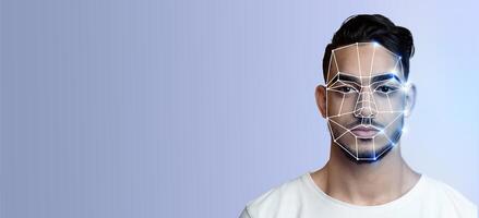 This depiction showcases a young person with facial recognition technology overlaying their face. The modern tech emphasizes identification and verification processes in an isolated setting. photo