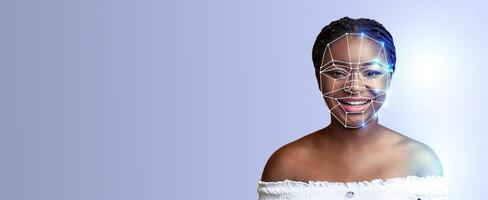 A smiling person with a digital overlay showing facial recognition technology is featured prominently in an isolated setting with ample copy space. photo