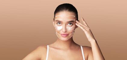 A woman engages in a skin care routine, applying products to her face with a gentle touch. She enjoys a moment of self-care in an isolated, tranquil setting, perfect for relaxation and beauty. photo
