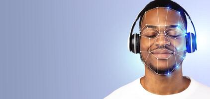 A person with headphones enjoys music while facial recognition technology scans their features, highlighting modern advancements in ID verification and personal recognition. photo