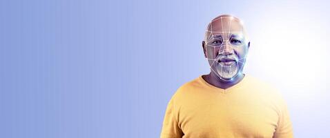 A man stands confidently, showcasing advanced facial recognition technology. The digital overlay illustrates identification features, highlighting modern advancements in technology. photo