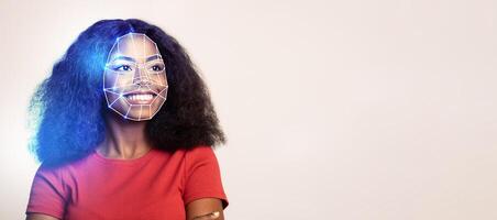A young woman with curly hair smiles while modern identification technology scans her face. The setting is bright and minimalistic, emphasizing the advanced features of facial recognition. photo