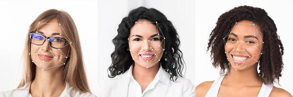 A collection of diverse individuals with highlighted facial points demonstrates facial identification technology. The subjects smile, showcasing their unique features in a neutral setting. photo