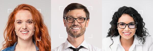 A diverse group of smiling individuals is featured, highlighting the use of facial recognition technology. Each person's face is framed, emphasizing facial characteristics and expressions. photo