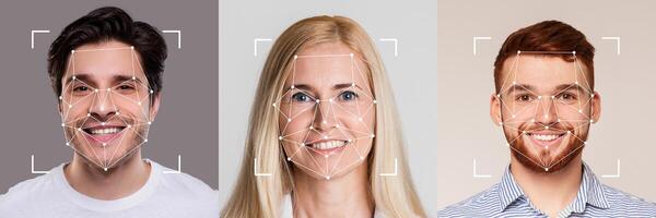 A collage displays diverse faces equipped with facial recognition markers. This visual highlights advancements in identification technology and its applications across different demographics. photo