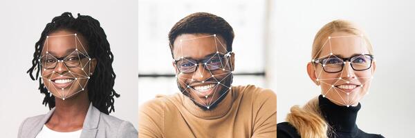 A collage featuring diverse individuals with unique facial features displaying facial recognition technology markers. This collection highlights advancements in identification and recognition methods. photo
