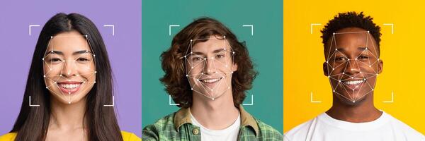 A collage features diverse individuals, each captured with facial recognition markers. Their expressions highlight technology's role in identification and inclusivity in modern society. photo