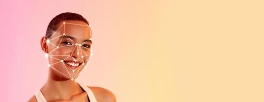 A smiling individual with a facial recognition overlay showcasing the technology's ability to identify features. This illustration emphasizes advancements in identification methods. photo