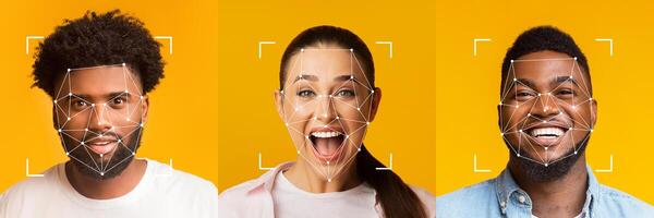 A vibrant collection of diverse faces highlights facial recognition technology through joyful expressions. The bright yellow background enhances the engaging and lively mood. photo