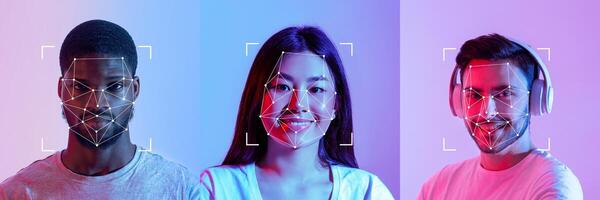 Three individuals with diverse backgrounds display unique facial recognition patterns on their faces. The colorful background enhances the technology's visual impact in a modern setting. photo