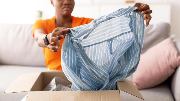 insatisfecho comprador concepto. frustrado negro mujer desembalaje paquete después entrega, participación blusa, sentado en sofá a hogar, selectivo enfocar. africano americano dama infeliz acerca de en línea compra foto