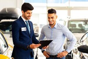 Attractive middle-eastern man manager showing chart with car specifications and smiling while having conversation with handsome wealthy man, helping with choosing new automobile, copy space photo