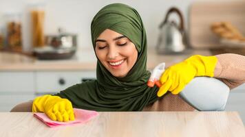 Closeup portrait of happy islamic housewife in hijab and protecitve yellow rubber gloves cleaning dining table at kitchen. Positive maid keeping her home tidy, wiping surface with microfiber cloth photo