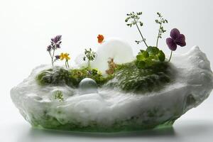 Innovative Molecular Cuisine Dish Masterfully Plated on Minimalist Artistic Setting photo