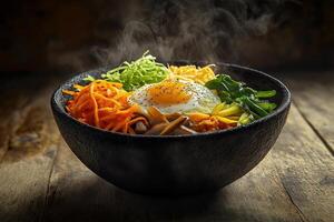 Vibrant bibimbap served in a traditional stone bowl with colorful ingredients photo